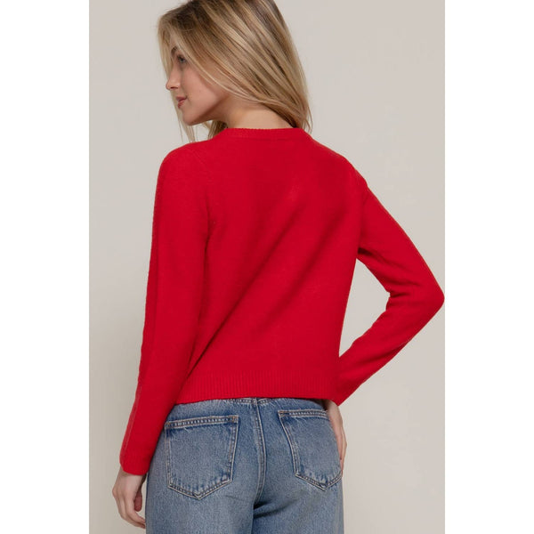 Pearl Embellished Sweater Cardigan - Red