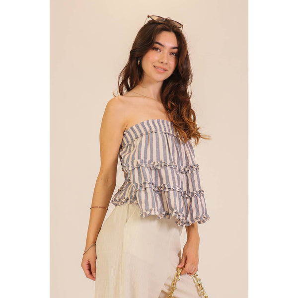 Ruffled Tiered Stripe Strapless Top
