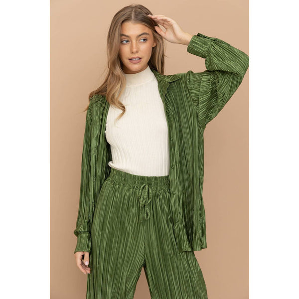Accordion Pleat Button Blouse Pant Lounge Set