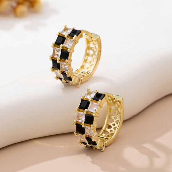 JOSSLYN by wall to wall - Checker Black & Crystal Baguette Hoop Earrings | 80E61892