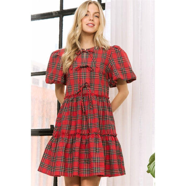 Plaid Bow Christmas Dress - Red