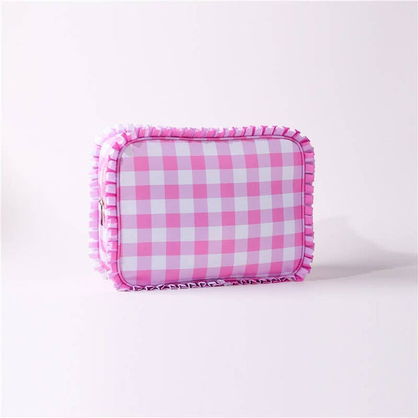 RUFFLE CHECKER STRIPE COSMETIC TRAVEL POUCH BAG