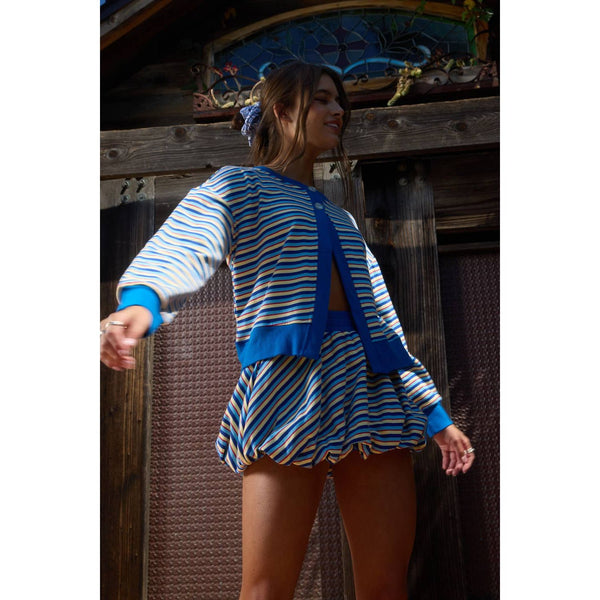 Vibrant Multi-Stripe Dual-Button Knit Cardigan With Bubble Skirt