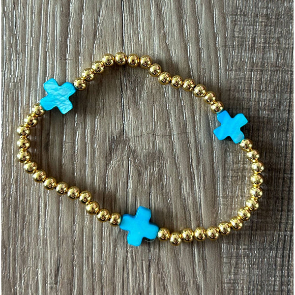 Gold with Colored Cross Beaded Stretch Bracelet