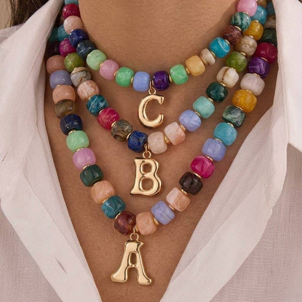 JOSSLYN by wall to wall - Multi Chunky Beaded Initial Charm Necklace Set | 40NK9655