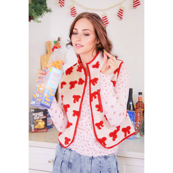 Textured Bow & Floral Printed Vest