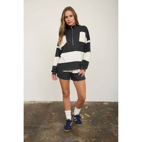 Wide Stripe Half Zip Top With Matching Shorts