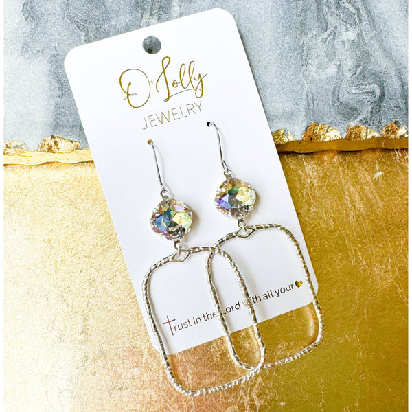 O’Lolly “Sarah” Earrings- Clear Stone w/Gold Textured Rectangle