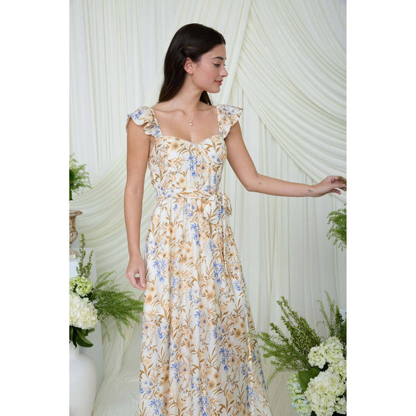 FLORAL WAIST TIE FRONT SLIT SLEEVELESS MIDI DRESS