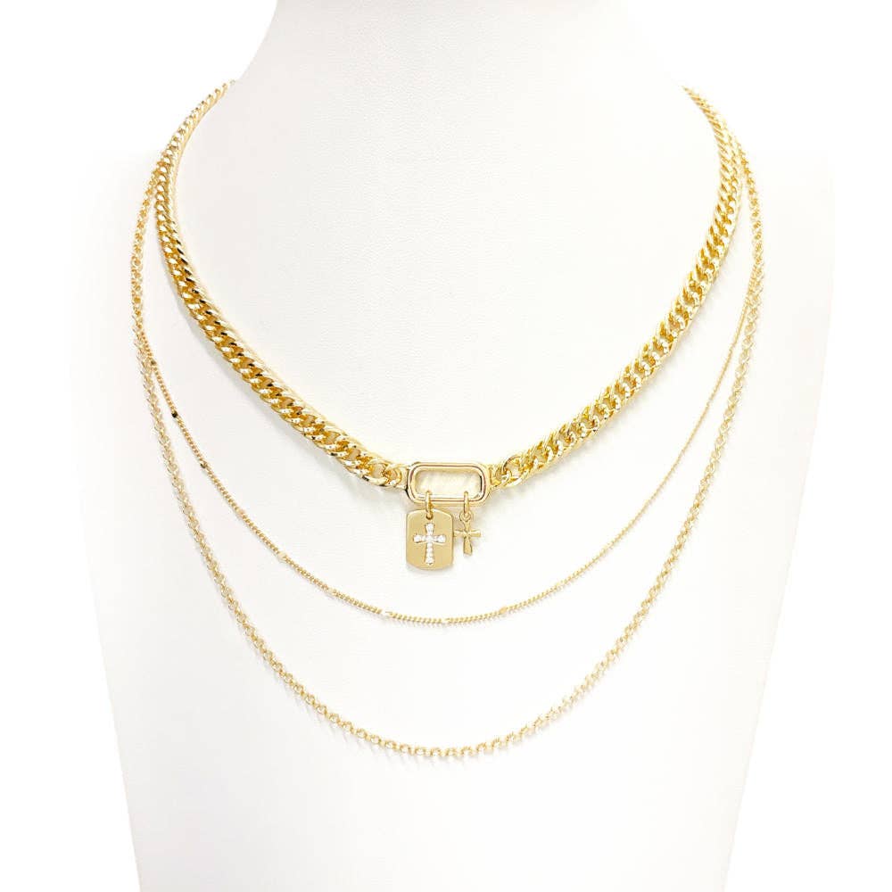 Triple Layered Gold Chain with Cross Charms  Necklace