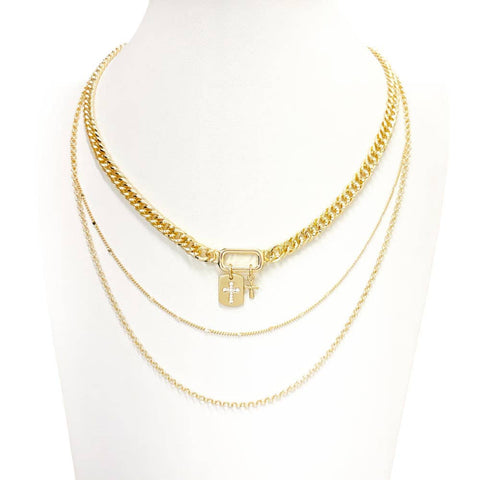 Triple Layered Gold Chain with Cross Charms  Necklace