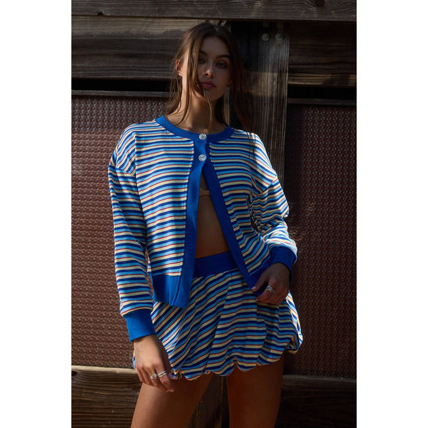 Vibrant Multi-Stripe Dual-Button Knit Cardigan With Bubble Skirt