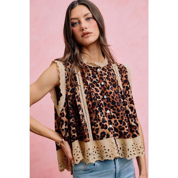 So Me - LEOPARD BUTTON UP PLEATED SLEEVELESS BLOUSE TOP