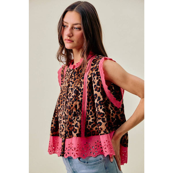 So Me - LEOPARD BUTTON UP PLEATED SLEEVELESS BLOUSE TOP