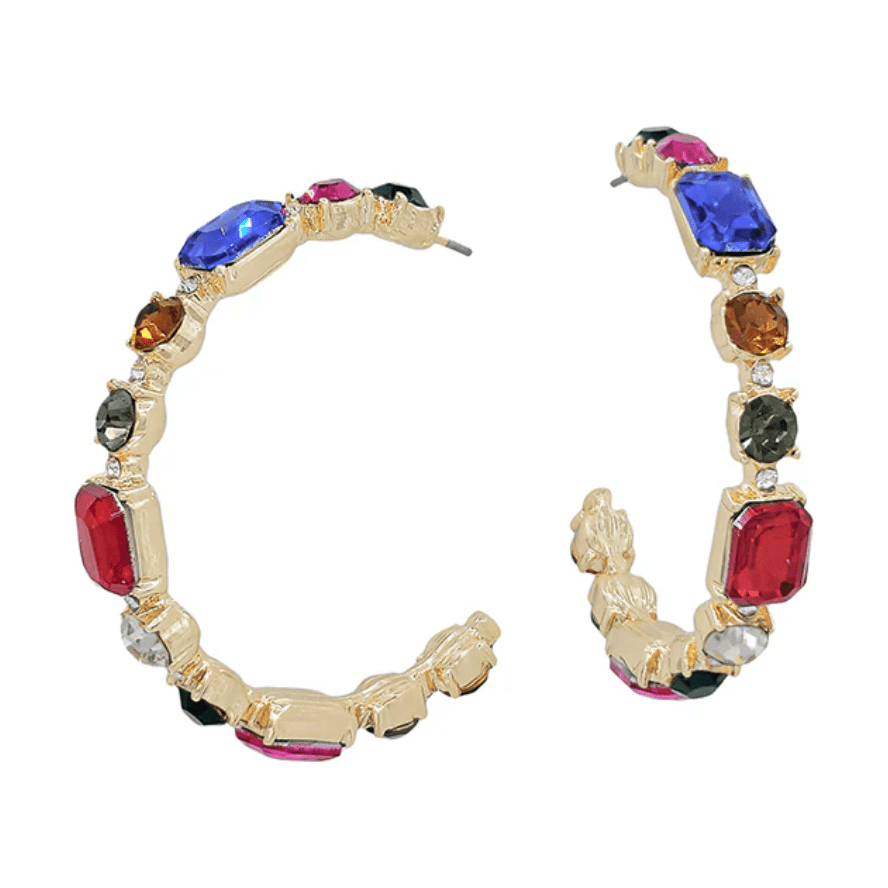 Gold Hoop with Multi Mixed Sized Crystal 2" Earring - Southern Roots Clothing Company