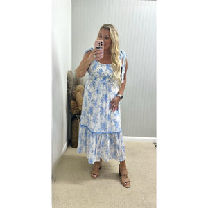 Hydrangea Blue Smocked Sweetheart Ruffle Midi Dress - Southern Roots Clothing Company