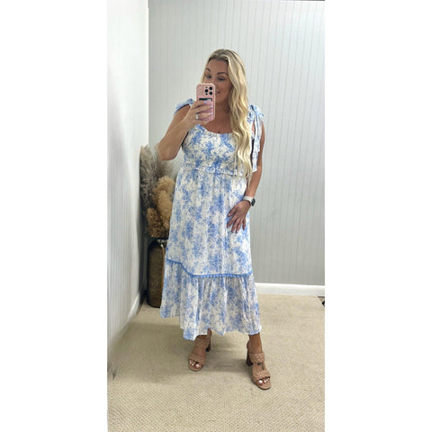 Hydrangea Blue Smocked Sweetheart Ruffle Midi Dress - Southern Roots Clothing Company