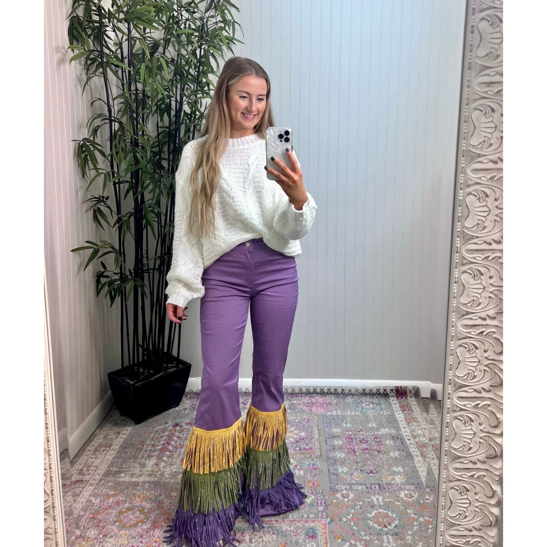 Mardi Gras Rhinestone Fringe Flare Pants