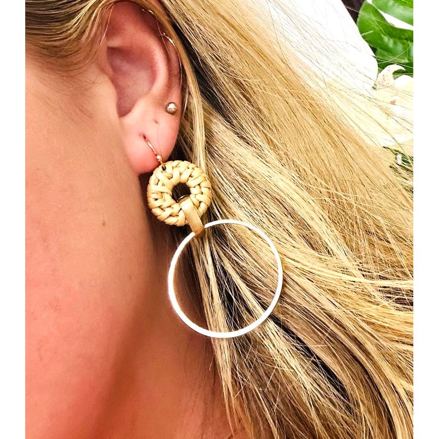 Natural Rattan and Gold 2" Circle Earrings