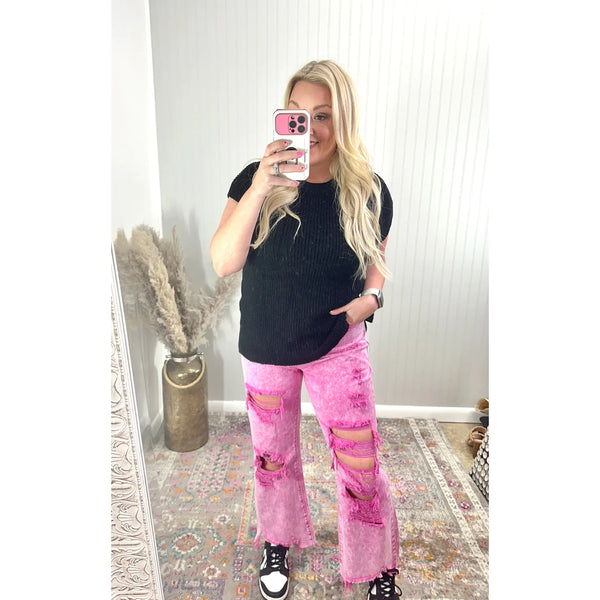 Acid Pink Vintage Cropped Flare Jeans