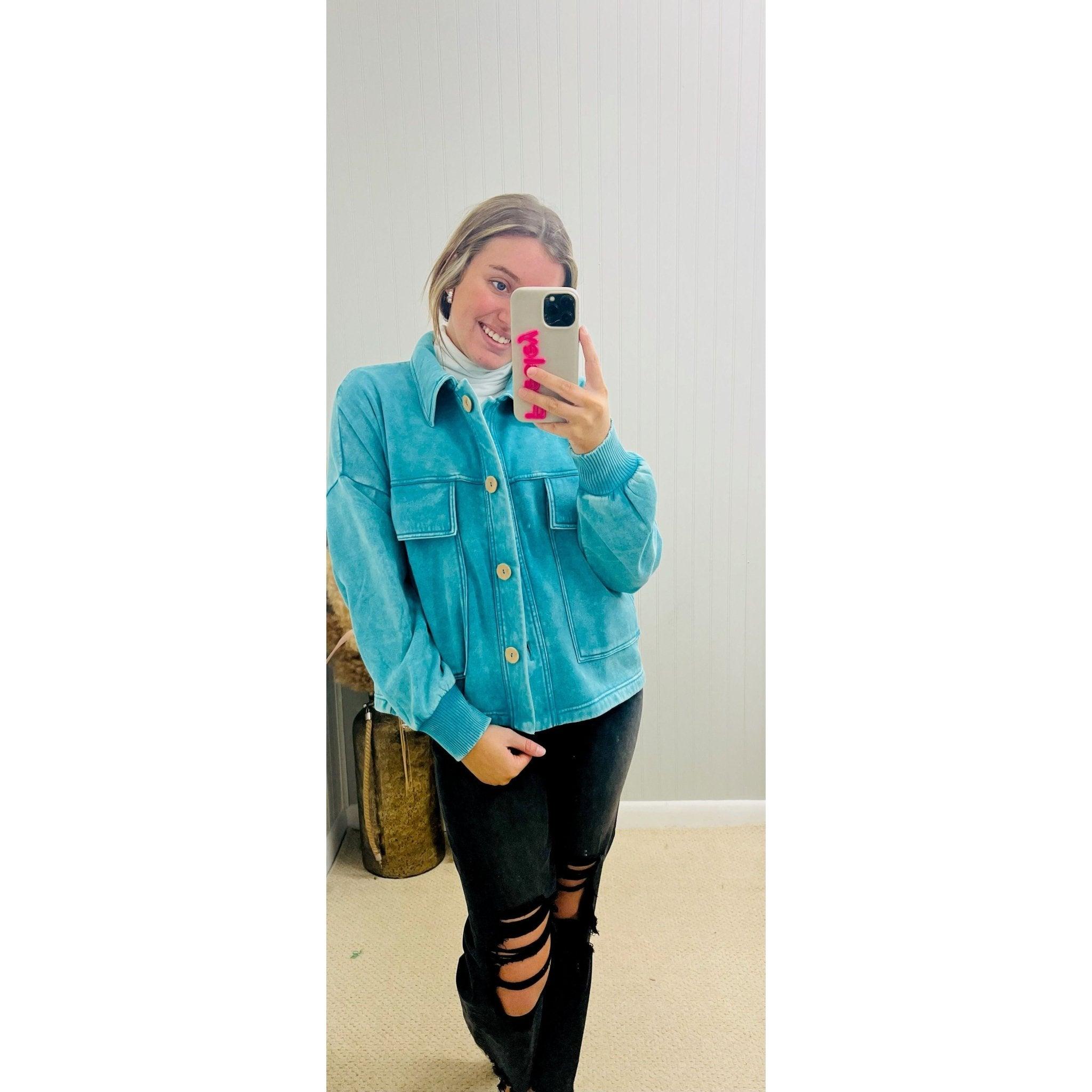 Light Teal Acid Washed Fleece Shacket - Southern Roots Clothing Company