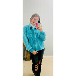 Light Teal Acid Washed Fleece Shacket - Southern Roots Clothing Company