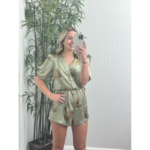 Olive Jaguar Satin Romper - Southern Roots Clothing Company