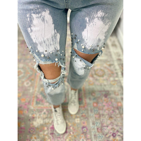 Pearl Beaded Distressed Cut Out Jeans - Southern Roots Clothing Company