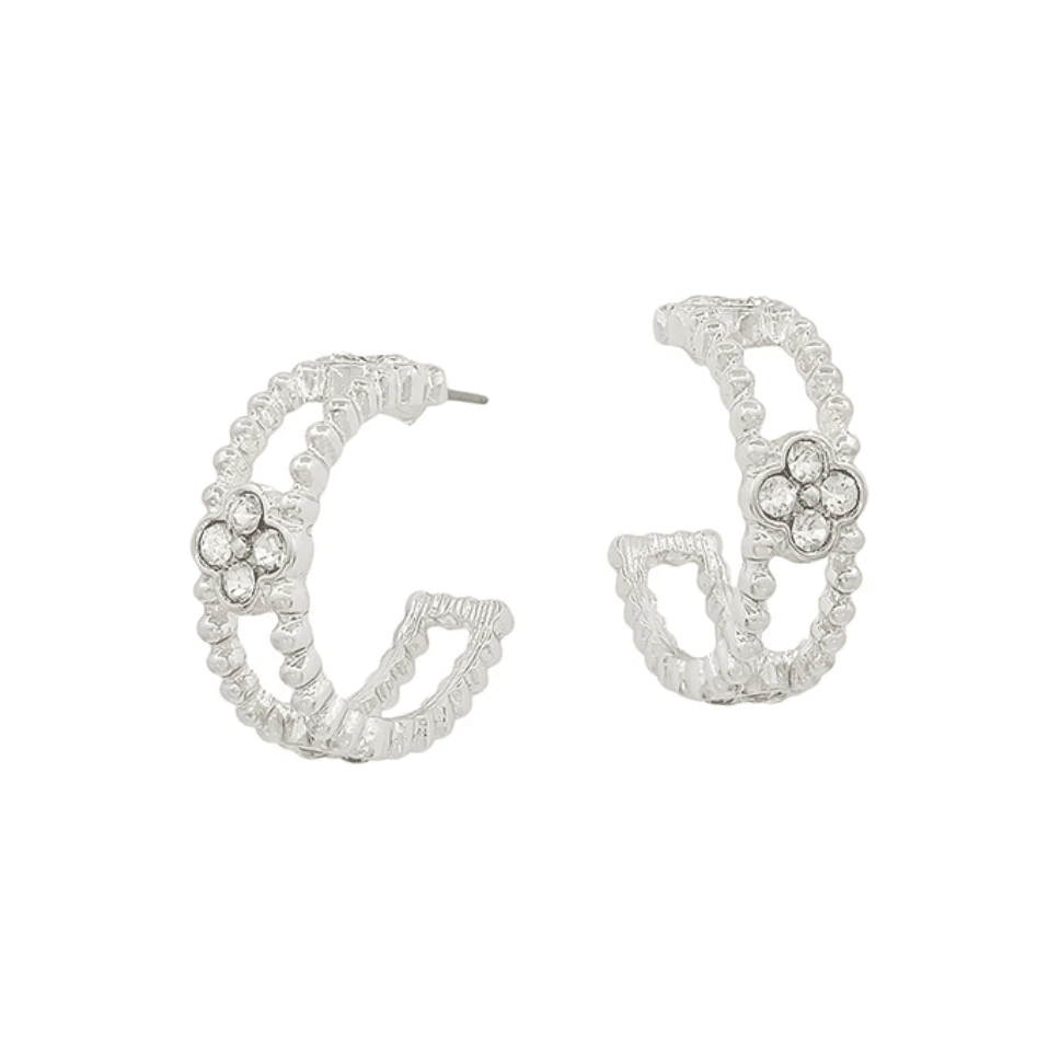 Silver Textured 1" Hoop with Rhinestone Clover Accent - Southern Roots Clothing Company