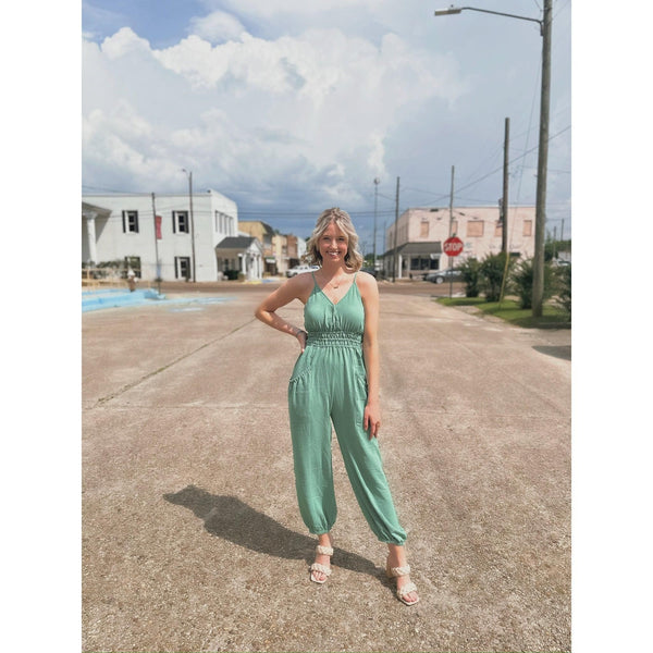Sleeveless Gathered Waist Jumpsuit with Pockets - Southern Roots Clothing Company