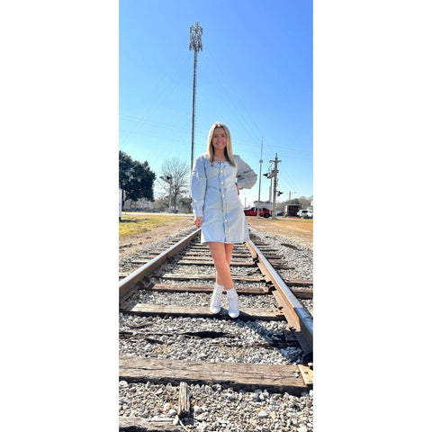 Square Neck Button Front Washed Denim Dress - Southern Roots Clothing Company