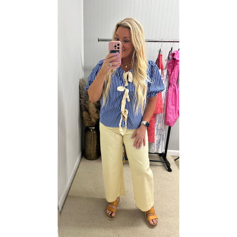 Stripe Tied Front Puff Short Sleeve Blouse - Southern Roots Clothing Company