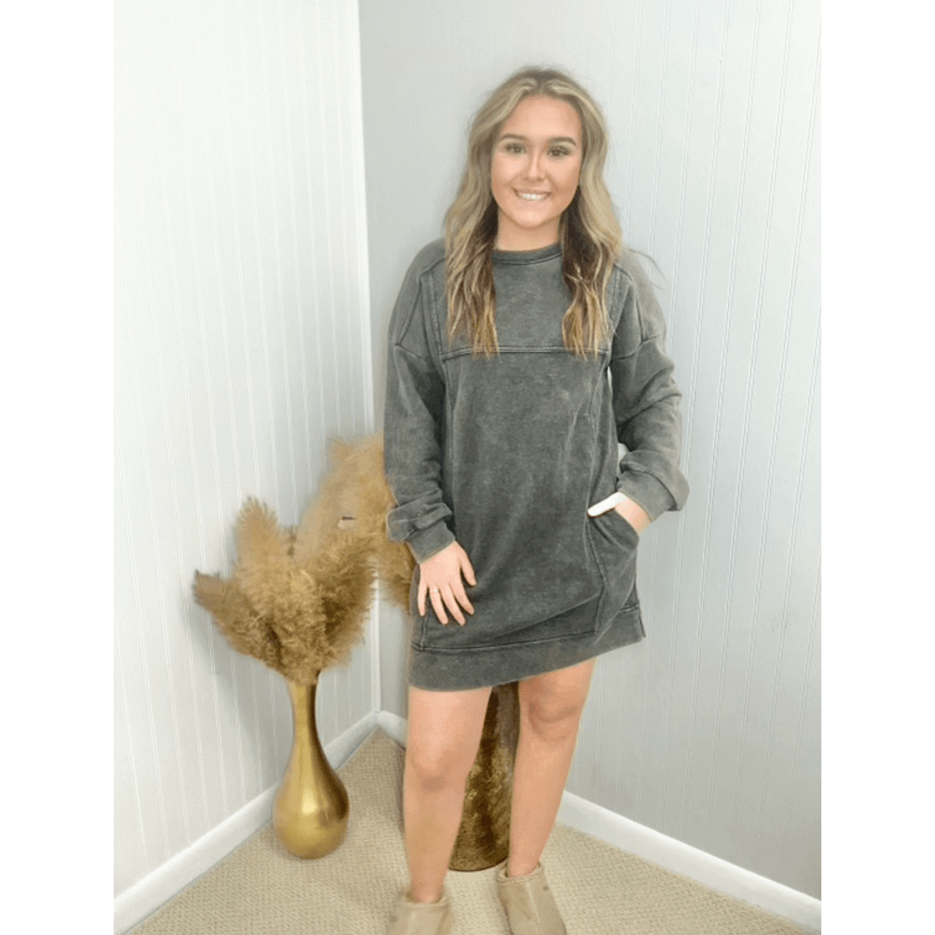 Sweatshirt Mini Dress - Black Mineral Washed - Southern Roots Clothing Company